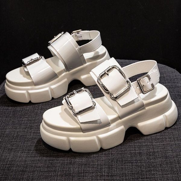 

fashion buckle strap women sandals 2021 flat sole platform sandal for ladies black white pu leather summer shoes woman