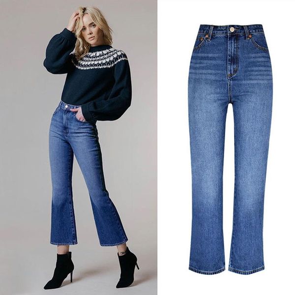 

womens blue cotton denim jeans ladies basic high waist micro flared pants ins fashion trousers 72 women's