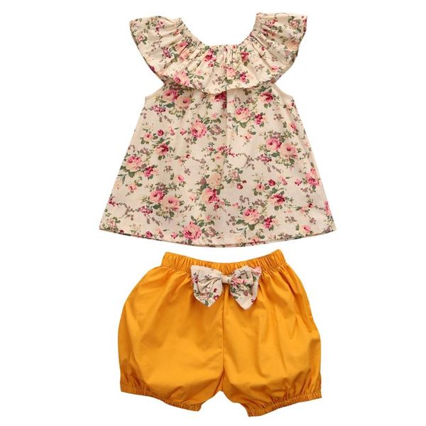 

clothing sets 2021 summer 0-3y baby girl 2pcs set floral print ruffled neck casual sleeveless yellow bow lantern shorts clothes, White