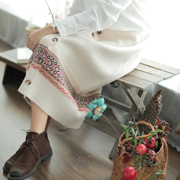 

skirts national style patchwork single-breasted knitting skirt lady saia, Black