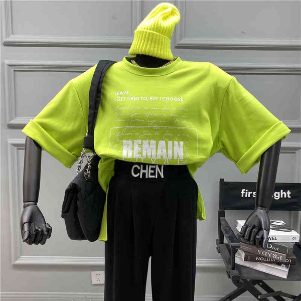 

polos niche design loose elegant letter short split length female pictorial shirt print around neck top, White