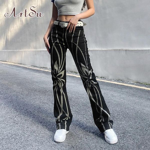 

women's jeans black long y2k clothes fashion printed vintage trousers joggers women streetwear high waisted straight denim pants, Blue
