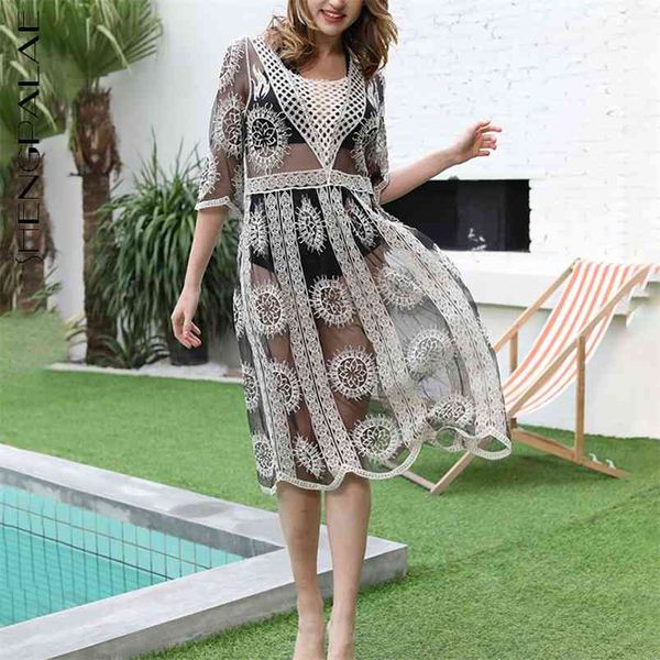 

lace hollow out sunscreen pullover women's summer v-neck loose thin transparent short sleeve long shirt 5c48 210427, White