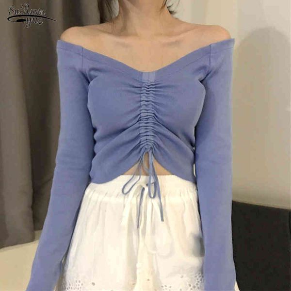 Мода короткие сексуальные урожая топ женские винтажные рубашки для стринструйных шейки шеи с плеча белая блузка Femme Blusa 12064 210508