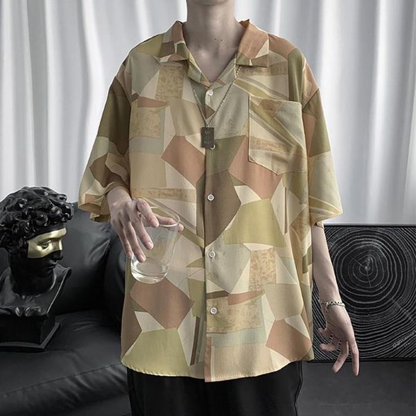

fashion retro style color block short sleeves turn-down collar men loose casual shirt men's shirts, White;black