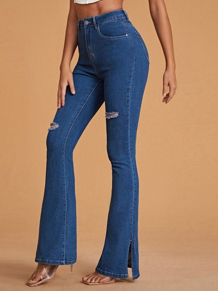

high waist ripped flare leg jeans i71w#, Blue