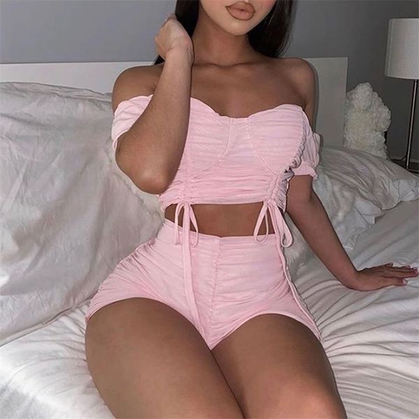 

women ruched two piece sets off shoulder short sleeve crop biker shorts matching summer streetwear outfits 210603, Black;gray