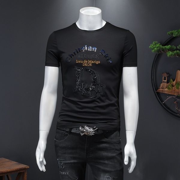 

fashion t shirts 2021 summer men's mercerized cotton round neck short sleeve casual loose embroidery brand sequins, White;black