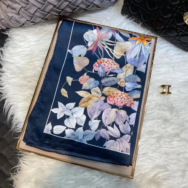 

scarves [bysifa] navy blue 100% silk scarf shawl fashion luxury women long wraps chinese style flower fall winter, Blue;gray