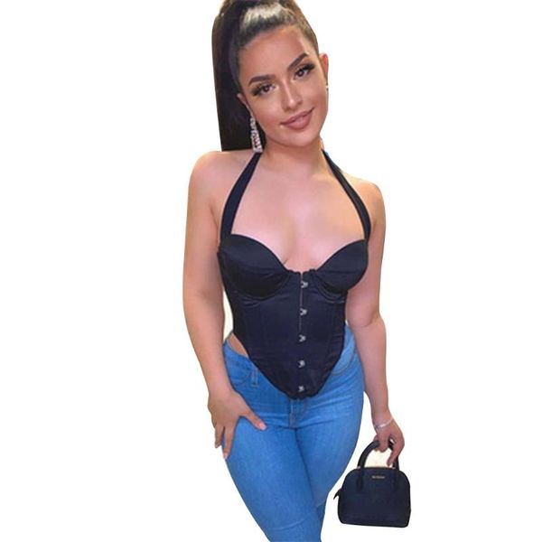 

women's tanks & camis women halter v-neck satin bustier crop lace-up shiny corset camisole party club sleeveless hook front fish bo, White