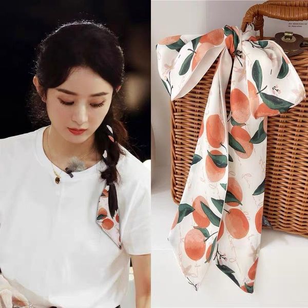 

hair accessories summer fruit floral print silk scarf ties for girls smooth satin headband bow ribbon ponytail women bands