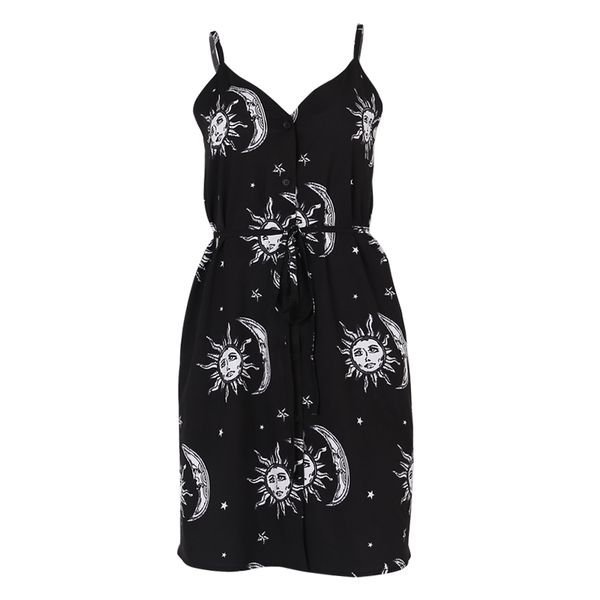 

2021insgoth women black mini dress gothic punk sun moon printed elegent casual loose spaghetti straps aesic vintage female dress, Black;gray