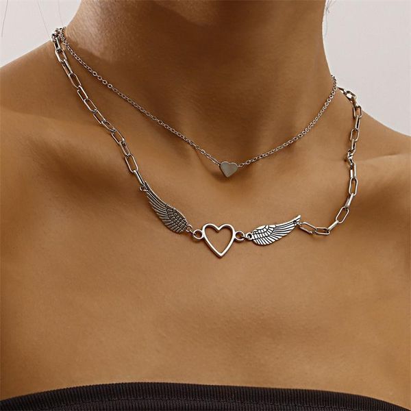 

pendant necklaces trend creative hollow love wing necklace hip hop punk style simple double jewelry accessories female, Silver