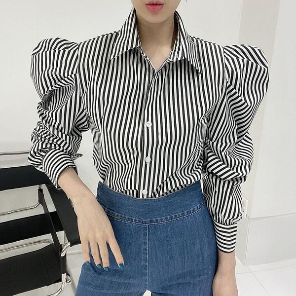 

women's blouses & shirts [ewq] stripe simple blouse autumn 2021 laple loose single breasted short sleeve shirt female fashion 5e2979, White