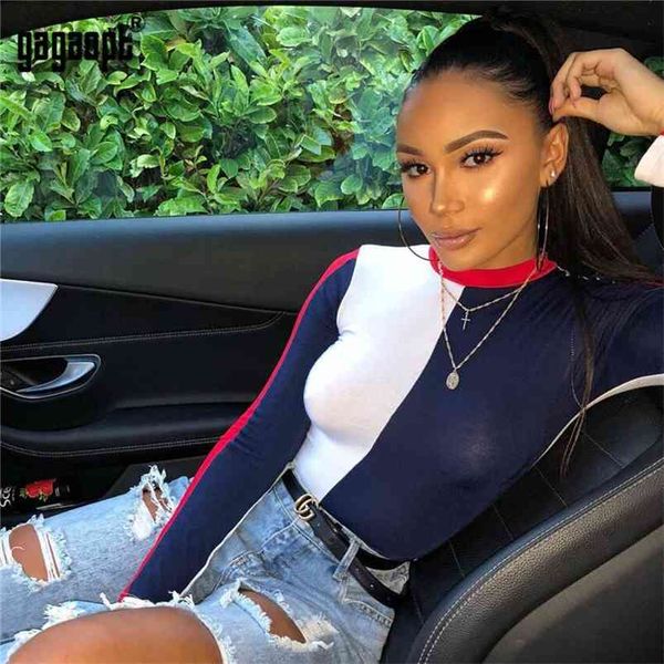

gagaopt cotton bodycon bodysuit long sleeve contrast color bodysuit women skinny bodysuit elegant jumpsuit overalls 210715, Black;white