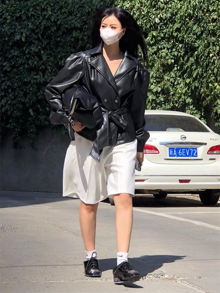 

women's trench coats superaen 2021 autumn solid imitation sheepskin vintage leather jackets double breasted casual women, Tan;black