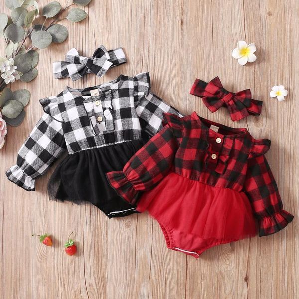 

clothing sets infant girls plaid romper set long sleeve ruffle tulle bodysuit+headbands outfits baby girl clothes conjuntos de menina, White