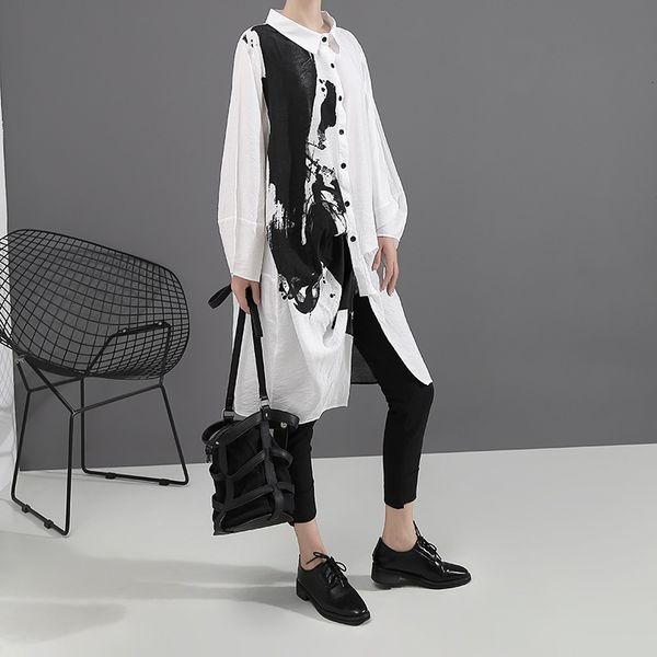 

[eam] women black white print big size oversize dress new lapel long sleeve loose fit fashion tide spring autumn 1a923 200928, Black;gray