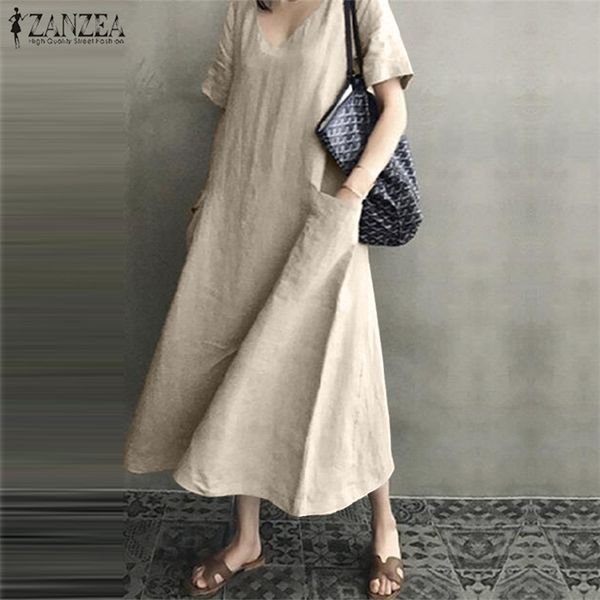 

zanzea 2021 women long maxi summer dress casual cotton linen ladies big pockets beach party robe femme vestidos plus size 5xl, Black;gray