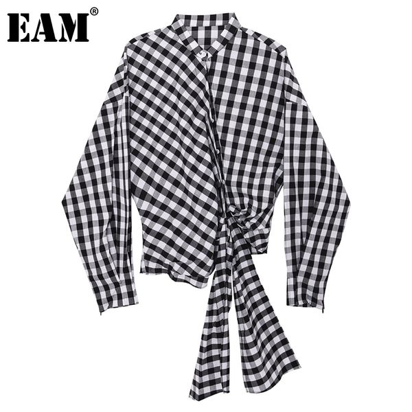 

[eam] women black big size plaid sashes blouse lapel long sleeve loose fit shirt fashion spring autumn 1dd6899 210512, White