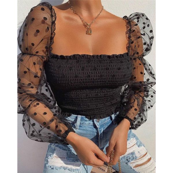 

summer 2021 polka dot sheer mesh long puff sleeve blouses fashion square collar crop blouse women's & shirts, White