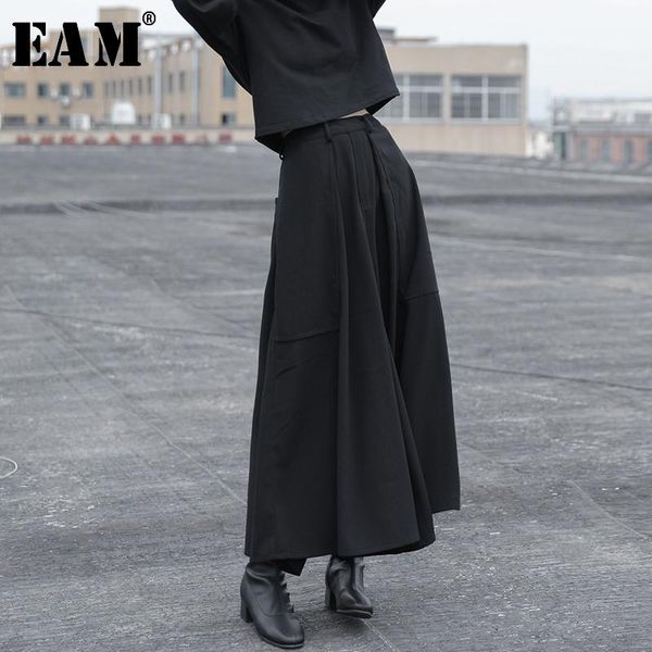 

women's pants & capris [eam] 2021 spring woman personality solid black color high elastic waist pleated pockets long loose wide-leg li1, Black;white