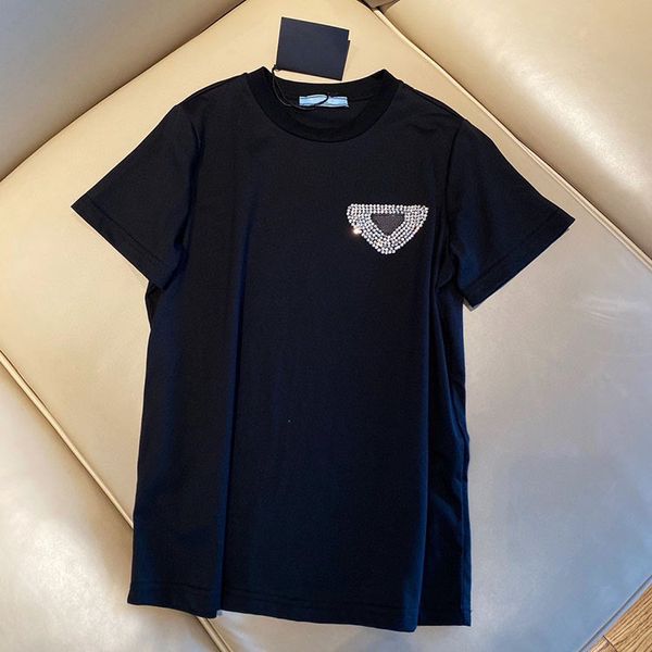 

wind 2021 summer new style celebrity wind inlaid diamond cloth embroidery triangle round neck t-shirt short sleeve female p120203, White