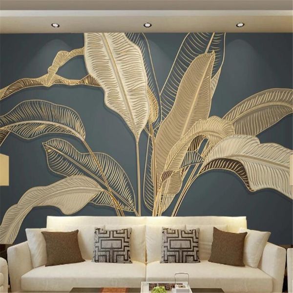 

wallpapers milofi custom 3d mural wallpaper wall covering atmosphere banana leaf light luxury gold line relief tv sofa background