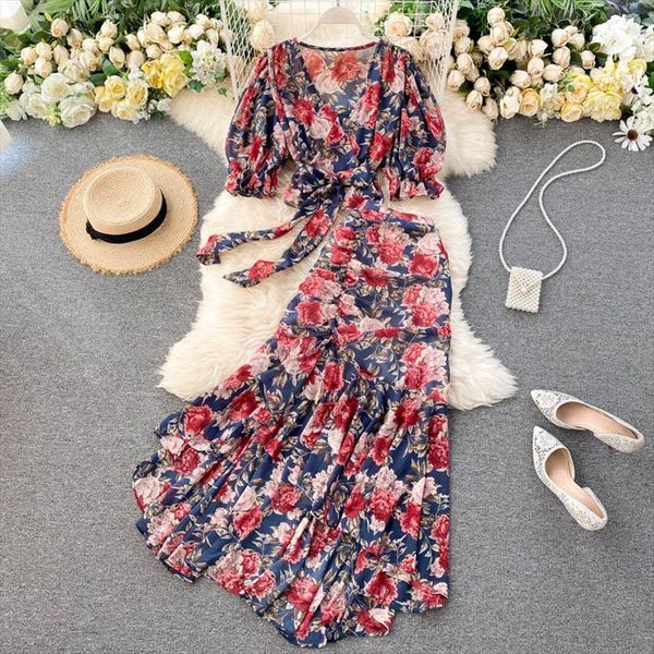 

2pcs set boho bandage womens tracksuits short high waist mermaid skirt floral print chiffon female sets, Gray