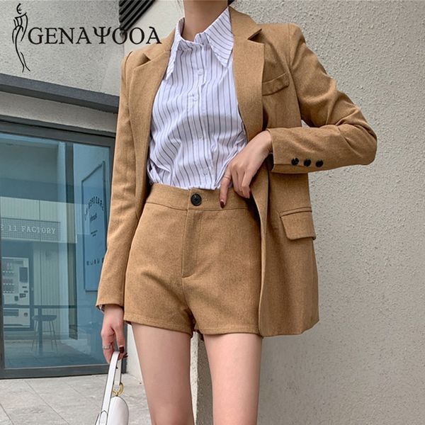 

genayooa office ladies two set women and shorts long sleeve blazer 2 piece sets womens outfits elegant korean fashion 210417, White