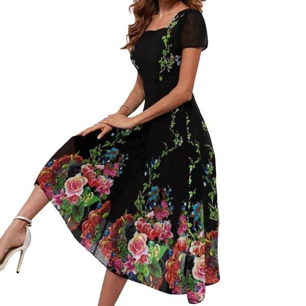 

casual dresses elegant women dress colorful floral print square neck summer loose ladies party a-line vestidos, Black;gray