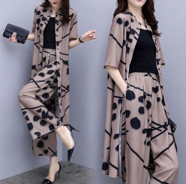 

two piece dress 3-26 style set women's summer plus-sized western chiffon cardigan wide-leg pants fashion cool, White