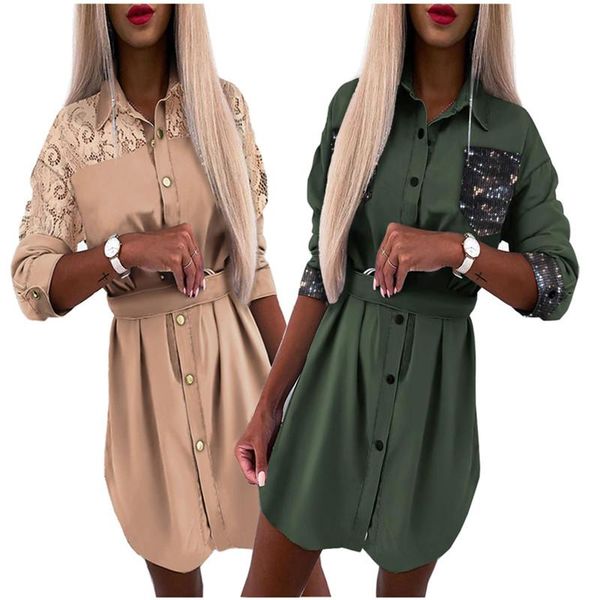 

casual dresses elegant turn-down collar button party dress women autumn lace patchwork print mini lady long sleeve shirt, Black;gray