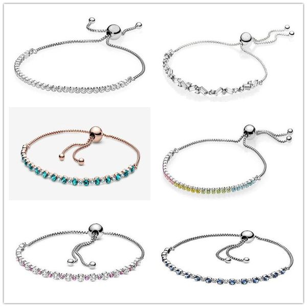 

925 sterling silver pan bracelet turquoise sparkling slider tennis blue stones for women jewelry, Golden;silver