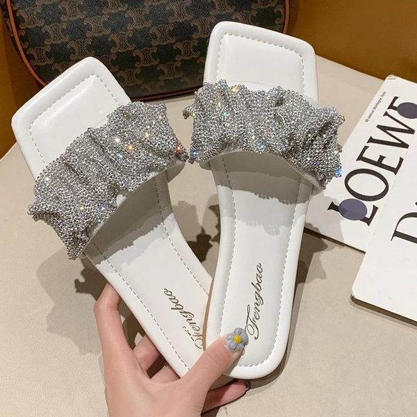 

slippers fashion rhinestone flat women 2021 summer net red comfortable green simplicity elegant temperament sandals female, Black