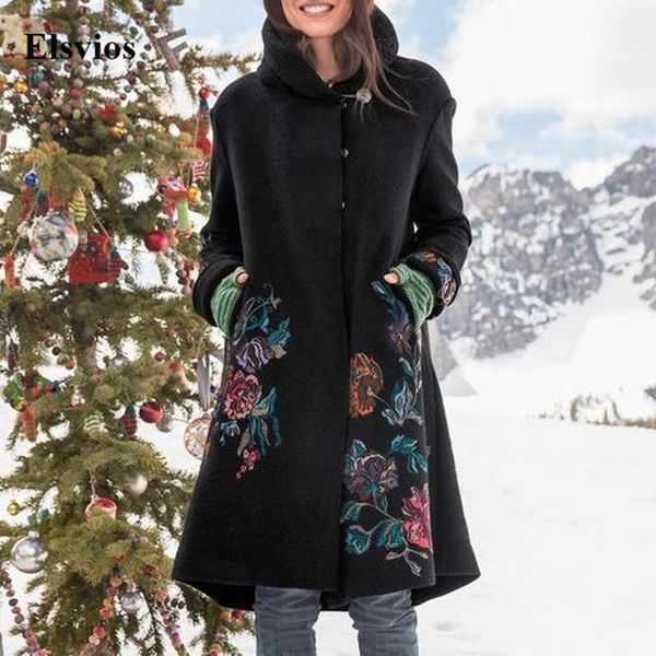 

women's wool & blends vintage print female woolen overcoat women fashion casual button pocket hooded coat autumn winter elegant warm lo, Black