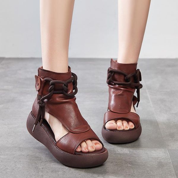 

genuine leather summer rome sandals high retro women shoes handmade cow platform comfy size 40 dress, Black