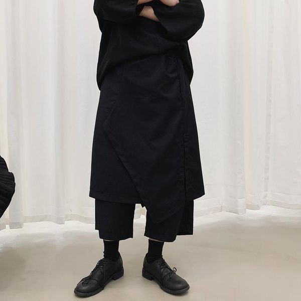 

men's pants men kimono fake 2 piece spliced loose casual black wide leg skirt male hip hop punk gothic streetwear harem trusers
