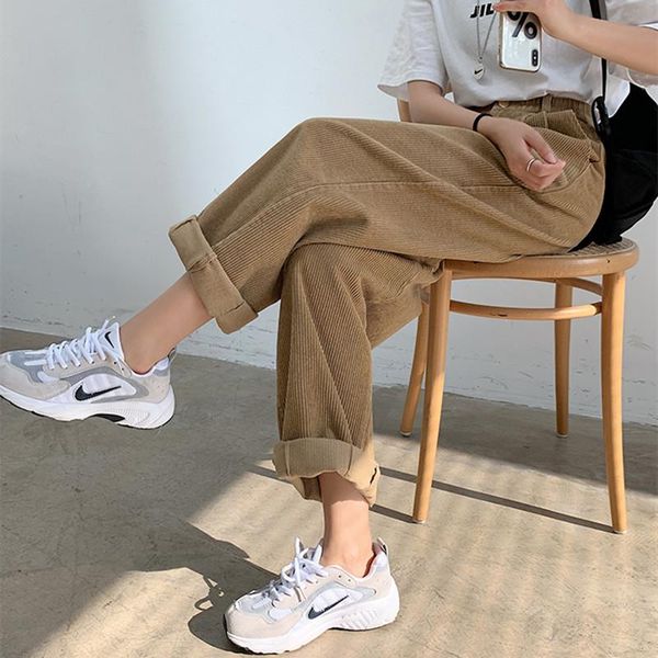 

women's pants & capris alien kitty 2021 autumn women high waist corduroy solid color korean loose thin straight wide leg vintage trouse, Black;white