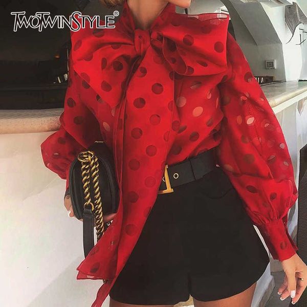 

twotyle casual ruched women's blouses bow collar lantern long sleeve lace up shirts for female fashion clothing 210721, White