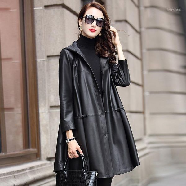

women's jackets leather windbreaker medium long sheep haining clothes spring and autumn hooded coat, Black;brown