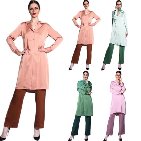 

ethnic clothing muslim women fashion outfits 2 pieces arabic spring autumn long jackets trousers satin color block lapel collar full cover s, Red