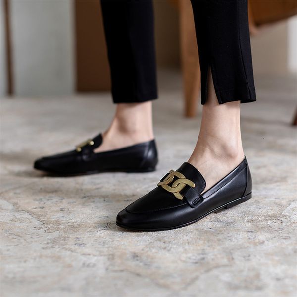 

dress shoes meotina loafers women natural genuine leather flats round toe metal decoration female footwear beige size 43 q5l9, Black