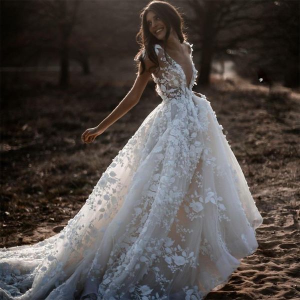 3D-Blumenapplikationen-Hochzeitskleid, transparent, V-Ausschnitt, rückenfrei, Brautkleid, Boho-Robe De Mariee, Sweep-Zug