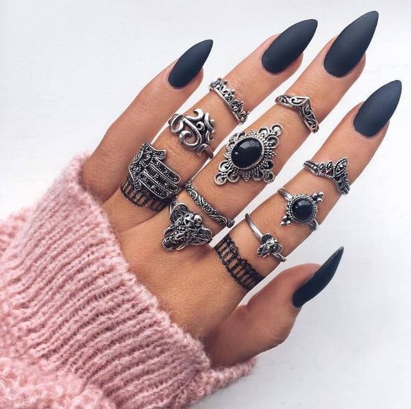 

ornaments carved elephant palm crown water drop black 10 piece ring set, Golden;silver