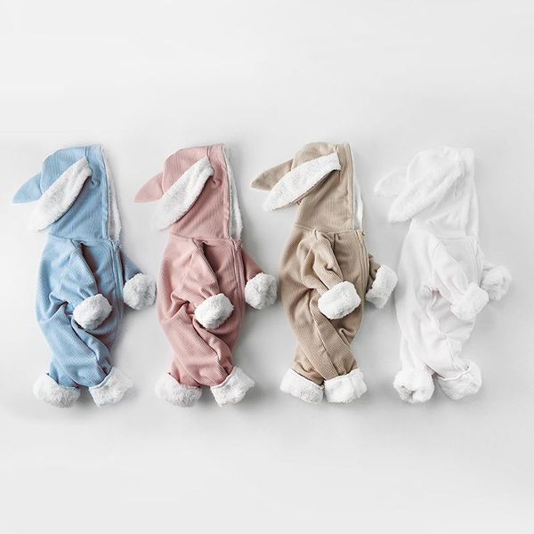 

jumpsuits winter baby rompers born boys girls clothes ear hooded jumpsuit infant costume fleece thick romper mbr373, Blue