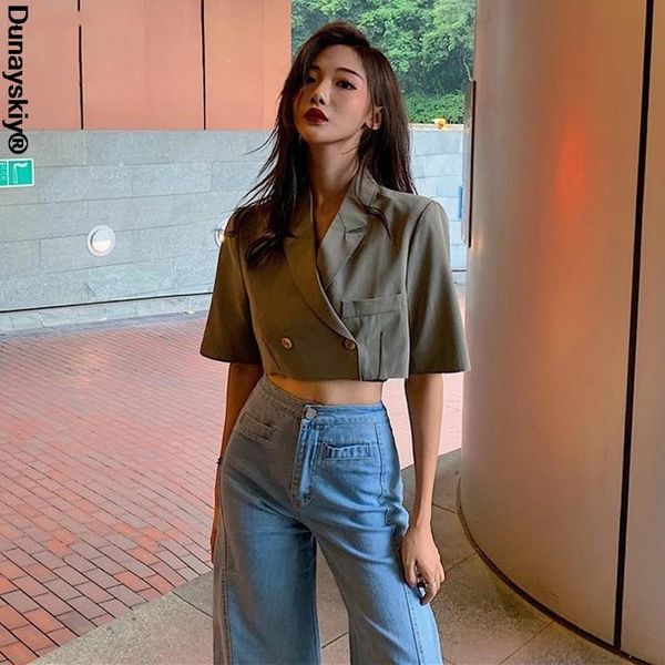 

women's suits & blazers women crop summer notched loose double-breasted korean style elegant chic simple blazer womens fashion retro, White;black
