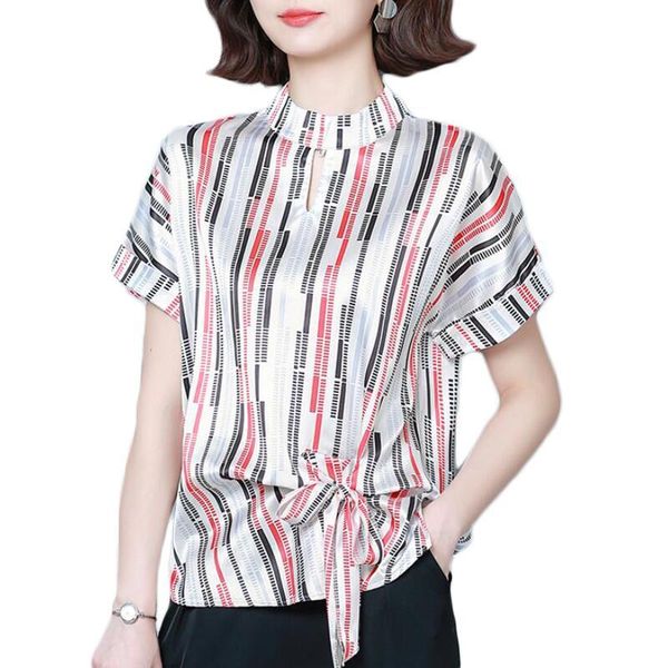 

women's blouses & shirts vogue striped chiffon blouse women summer short sleeve bow lace-up korean silk plus size, White