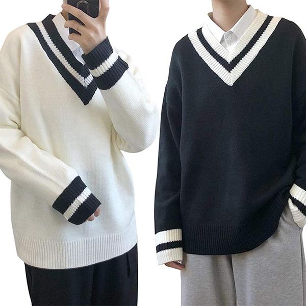 

men's sweaters 2021 fashion man oversized sweater contrast color big v-neck knitwear autumn winter clothing jumper men casual knitted p, White;black