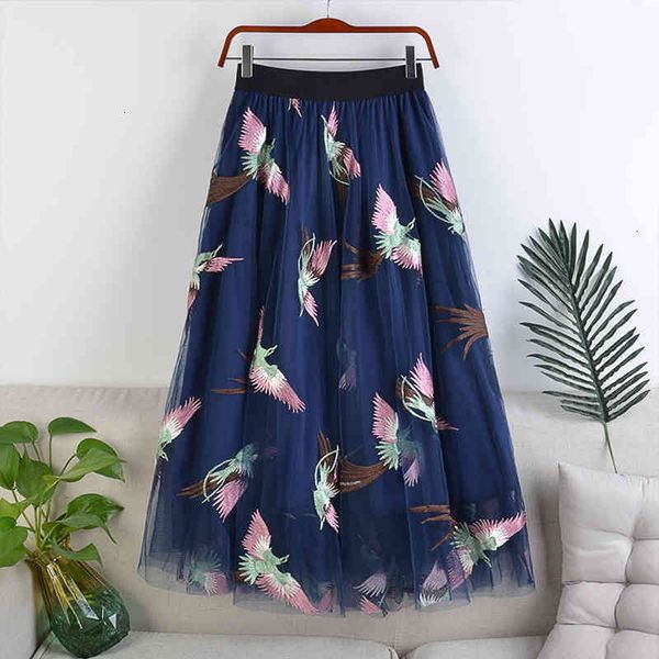 

Skirts skirts Spring Pink Birds Embroidery Layered Tulle A-line Maxi Long Mesh S EMKE, Black